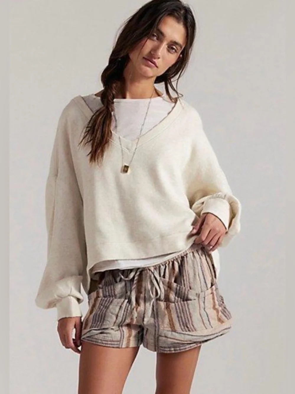NWT FREE PEOPLE WE THE FREE COMFORT ZONE V NECK PULLOVER OATMEAL HEATHER